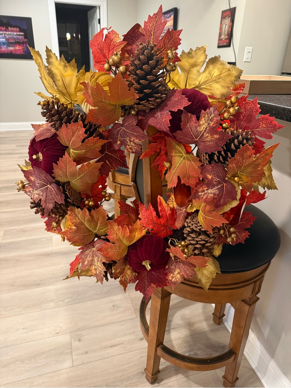24in Autumn Maple & Pinecone Holiday Wreath - Red, Gold, Brown